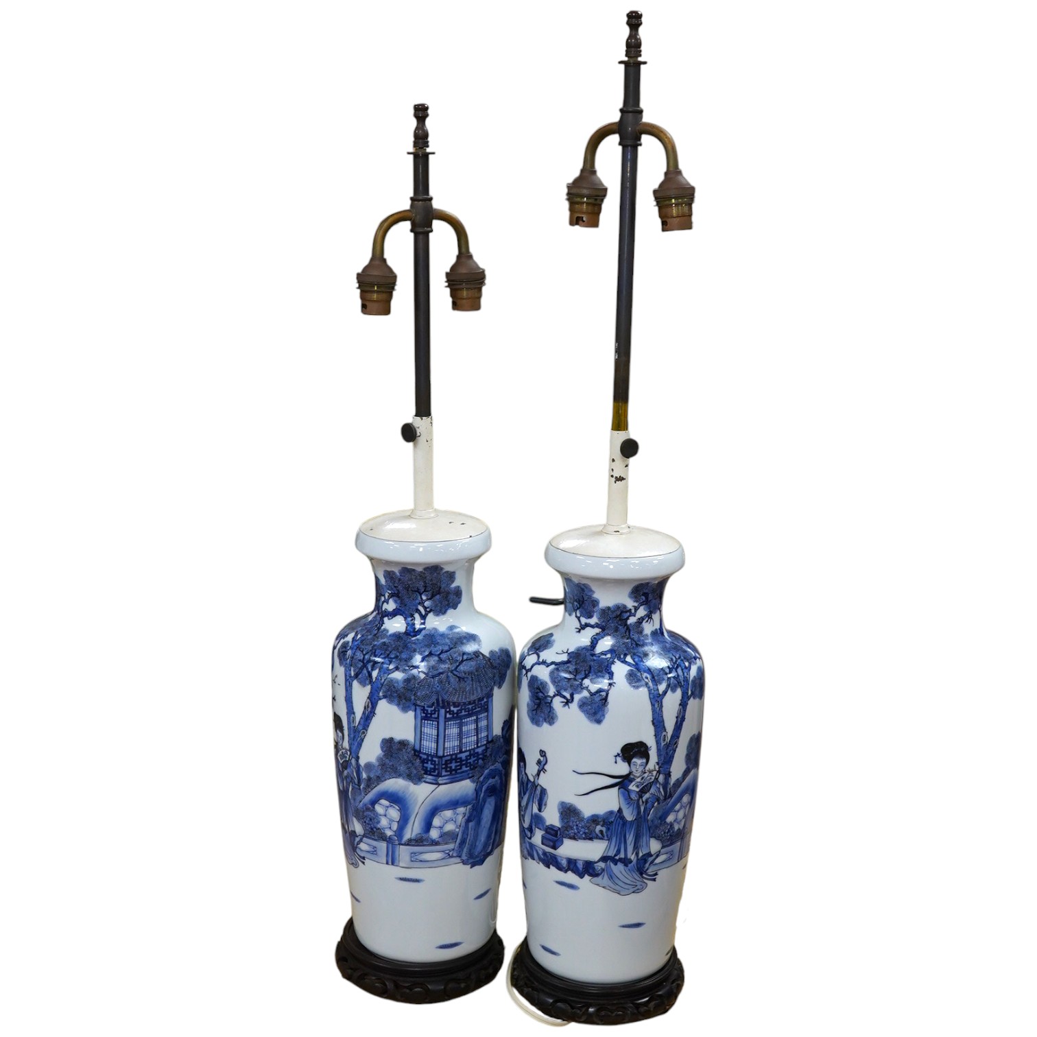 A pair of Chinese blue and white porcelain table lamps, 73cm total. Condition - good, not tested